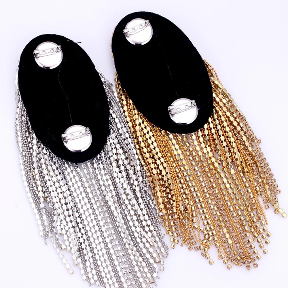 Shoulder Jewelry Tassel Rhinestones Epaulettes DIY T Shirt Clothing Accessories Gold Silver Brooch Epaulet Shoulder Brooches 1PC shoulder jewelry