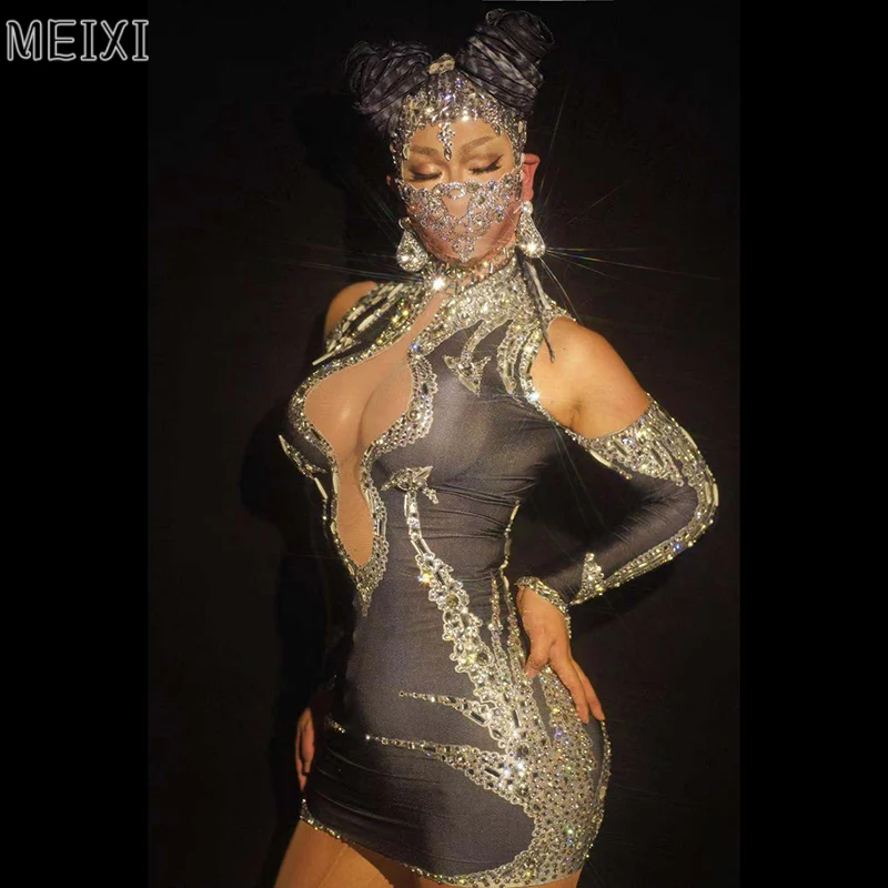 

Черный, серебристый цвет стразы сексуальное платье для торжества; Для дня рождения; Вечерние для торжеств вечернее платье Концерт мяч певица костюм