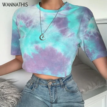 

WannaThis O-Neck Short Sleeve Cropped Shirts Women Tie-dye Loose Cotton Cusual Streetwear Women Crop Tops Fashion Summer New