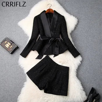 

Winter Spring Women Set Full Sleeve Shawl Collar Ruffles Hem Short Pants 2 Piece Set Women Fashion Tweed Black Patry Pant Set