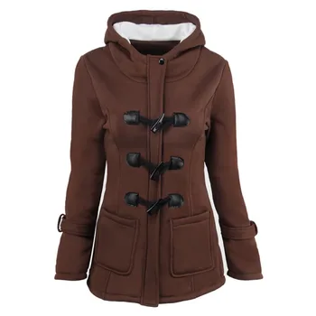 

Women Solid Color Cotton Horn Leather Buckle Zipper Mid-length Hooded Coat Jacket Cotton Windbreaker