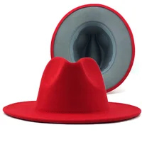 60CM red with gray Bottom Patchwork Panama Wool Felt Jazz Fedora Hats Women Men Wide Brim Party Cowboy Trilby Gambler Hat 1