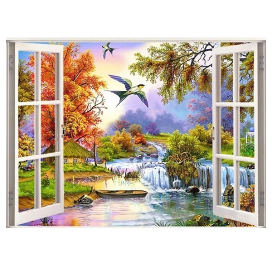 

Scenery outside the window Diamond Embroidery autumn river diy 5d diamond Painting Rhinestones full square round drill JS5499