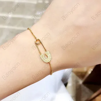 

Baoyocn Designer Pure 925 Sterling Silver Yellow Gold Color Safety Pin Bracelet Micro Cubic Zirconia Women Fashion Party Jewelry