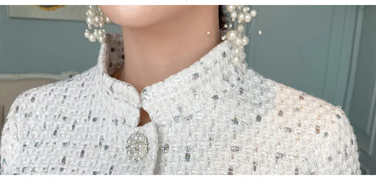Autumn Winter Women Elegant Tweed Two Piece Set White Wool Belted Pearls Jacket Cropped Coat+ Pleated Mini Skirt Suits Set