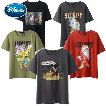 

Disney Princess Series Snow White and the Seven Dwarfs Queen Witch Villain Ariel Cartoon Print Women T-Shirt Short Sleeve Tops