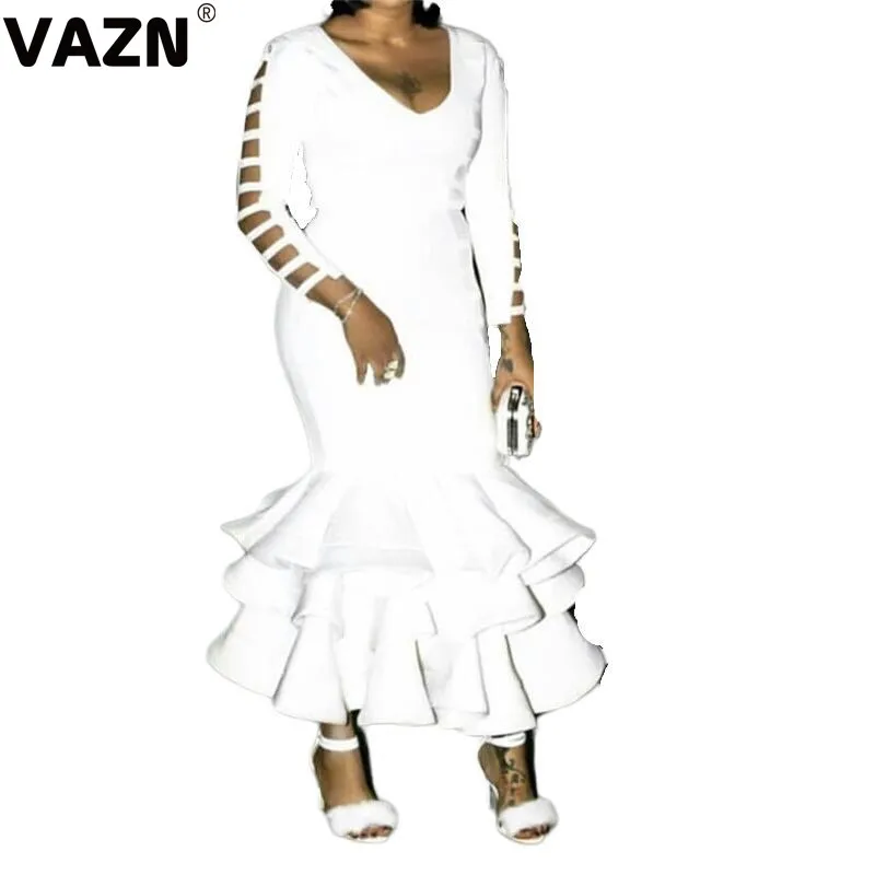 VAZN KEN8600 Горячие Последние Сексуальные вечерние новые модные белые верхние с длинным рукавом тонкая талия коллекция женское платье труба Макси платье - Цвет: Белый
