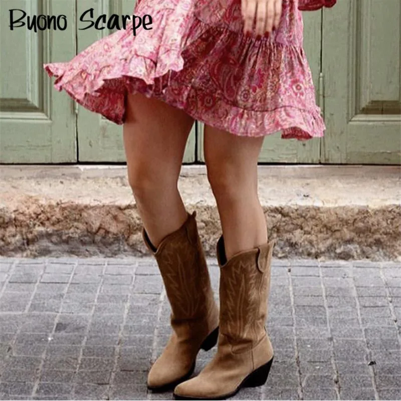 Women Knee Boots Natural Suede Embroidered Women Boots