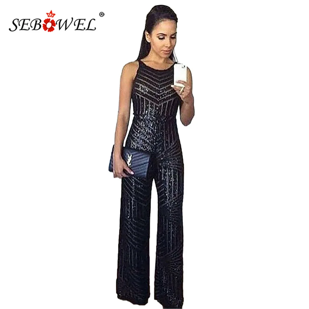 SEBOWEL Woman Summer Geometric Stripe Sequins Sleeveless Wide Leg Jumpsuit Female Black/Apricot Spahetti Strap Sparkle Rompers |