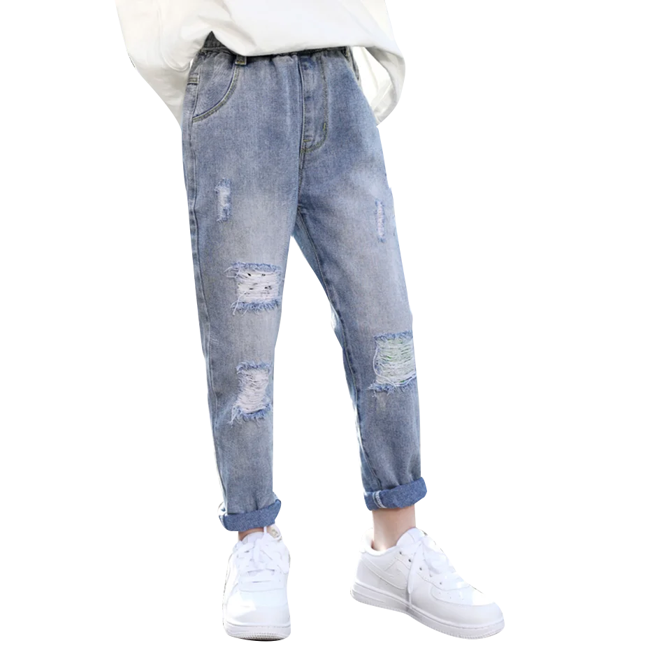 Jeans For Girls Hole Girls Ripped Jeans Pants Elastic Waist Children's Jeans  For Girls Mid Wiat Clothes For Girls 6 8 10 12 14|Jeans| - AliExpress