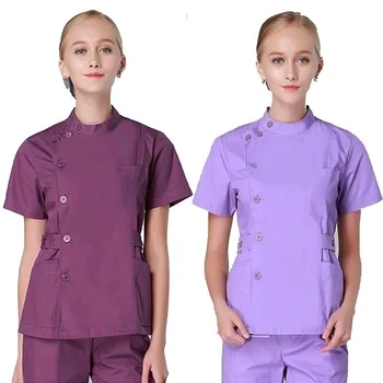 

Women's Scrub Tops Medical SPA Uniforms Stand Collar Coat Cotton Polyester Side Opening with Adjustable Waist Belts(just a Top