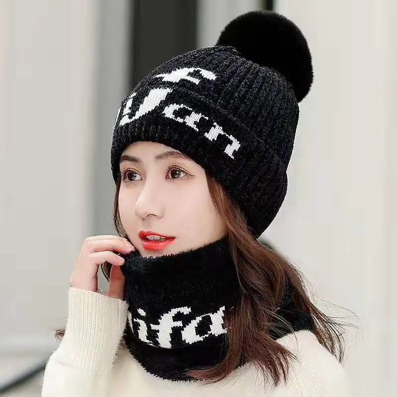 2019RussiaNeck Warm knitted Winter Hor Gur Wool Beanise Skullide VELV Winter Wool Blends Soft - Цвет: Черный