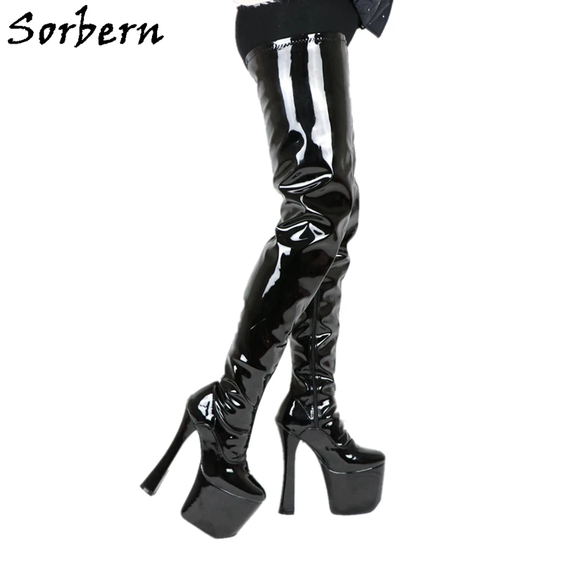 Sorbern Yellow Patent Crotch Thigh High Boots Women Block High Heels ...