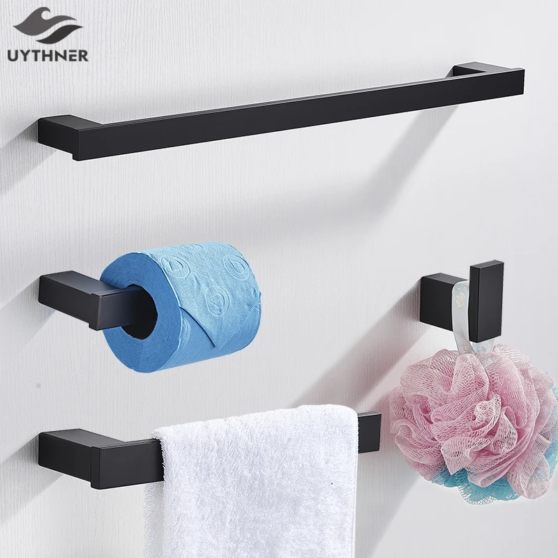 Badezimmer-Accessoires-Set, Schwarz, Bademantelständer, Handtücher, Turmbar, Regal, Seidenpapierhalter, Badezimmer-Accessoires, Wandhalterung