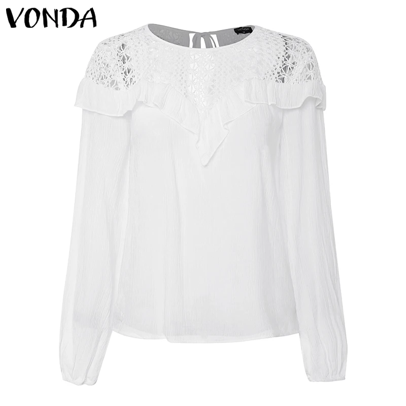 VONDA/хлопковые топы с рукавами-колокольчиками, сексуальные белые блузки с круглым вырезом, женские повседневные свободные рубашки, белая хлопковая туника для женщин размера плюс S-5XL