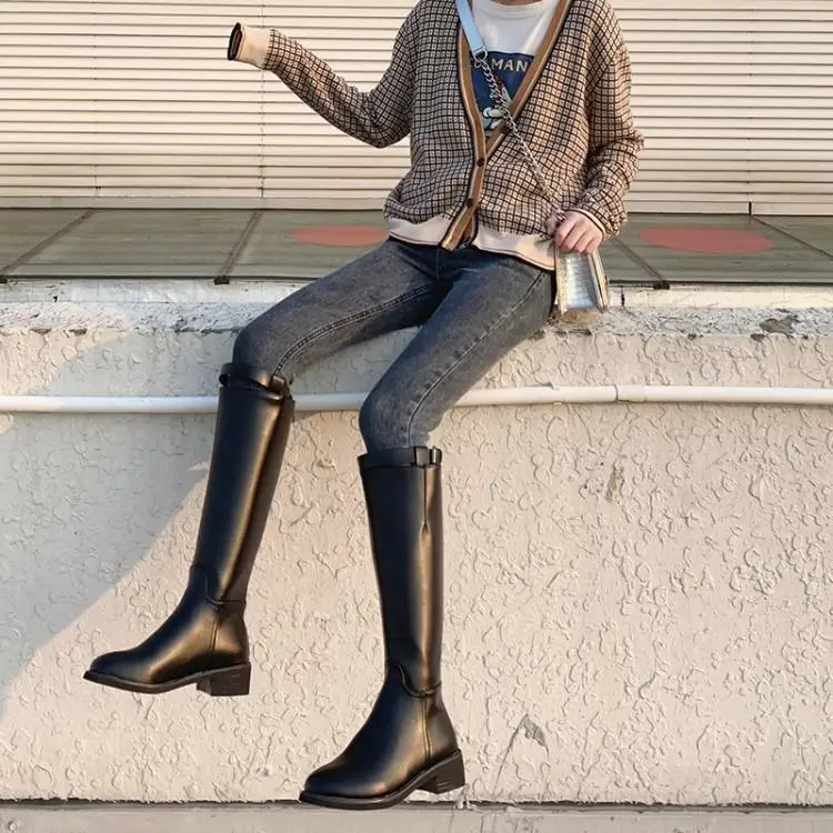 

Motorcycle Boots Knee High Black Leather Botas Mujer Round Toe Chunky Heels Womens Shoes Slip On One Belt Buckle Zapatos Design