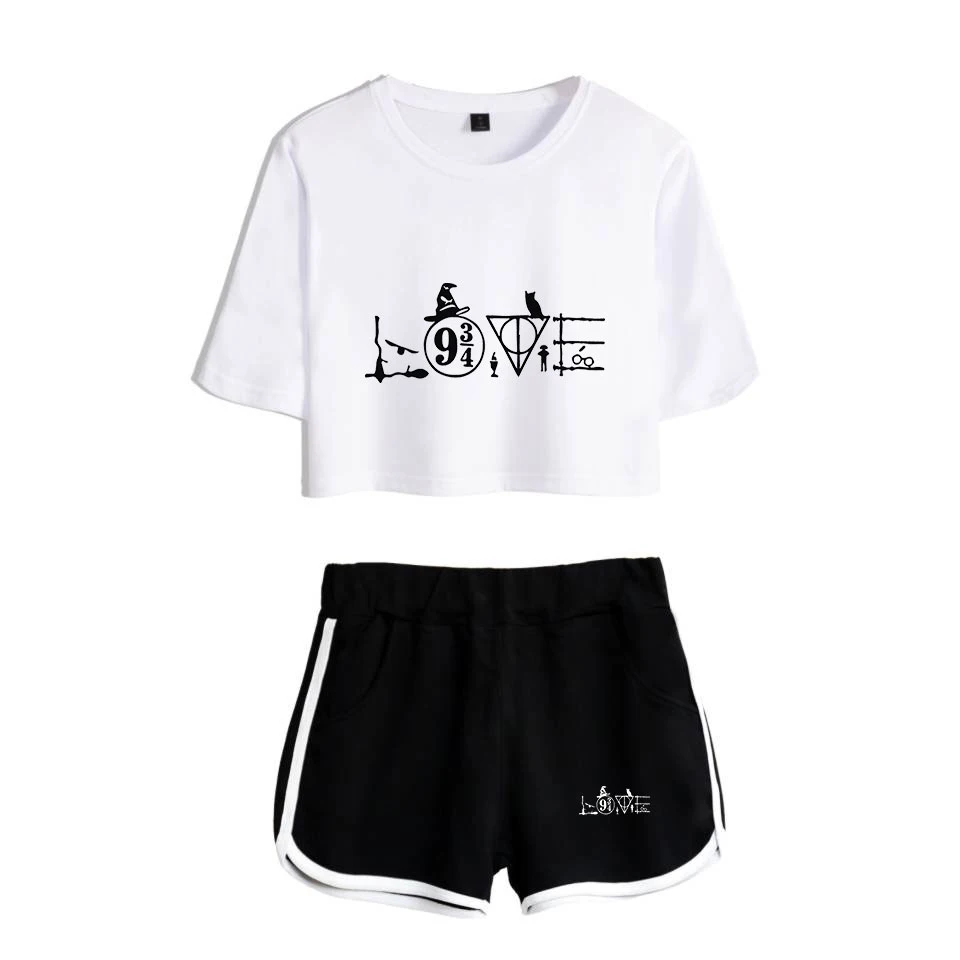 two piece sets HARRYS Glasses Printed Two Piece Set Short Sleeve Crop Top + Shorts Sweat Suits Women Tracksuit Two Piece Outfits Girl Sets ladies loungewear