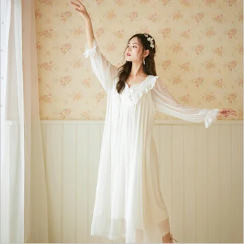 

Female graceful mesh full sleeves long style modal cotton vintage sleepdress white color V-neck women vintage home dress autumn