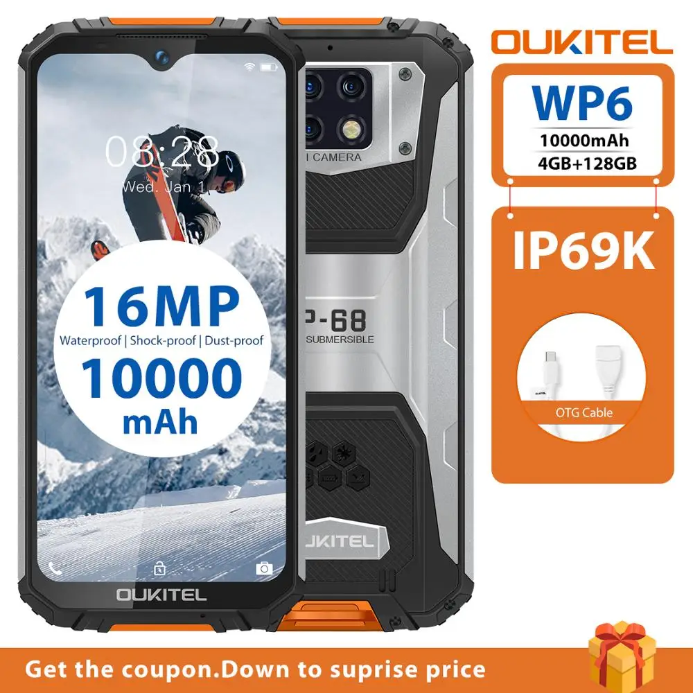 Смартфон OUKITEL WP6 10000 мАч 6 3 дюйма FHD + IP68 4 128 ГБ 8 ядер тройная камера 16 МП|Смартфоны| |