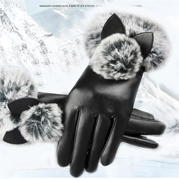 

2019 New Women Winter Gloves Hand Gloves Fashion Imitation Leather Glove Autumn Winter Cat Ears Warm Mittens Guantes Luvas