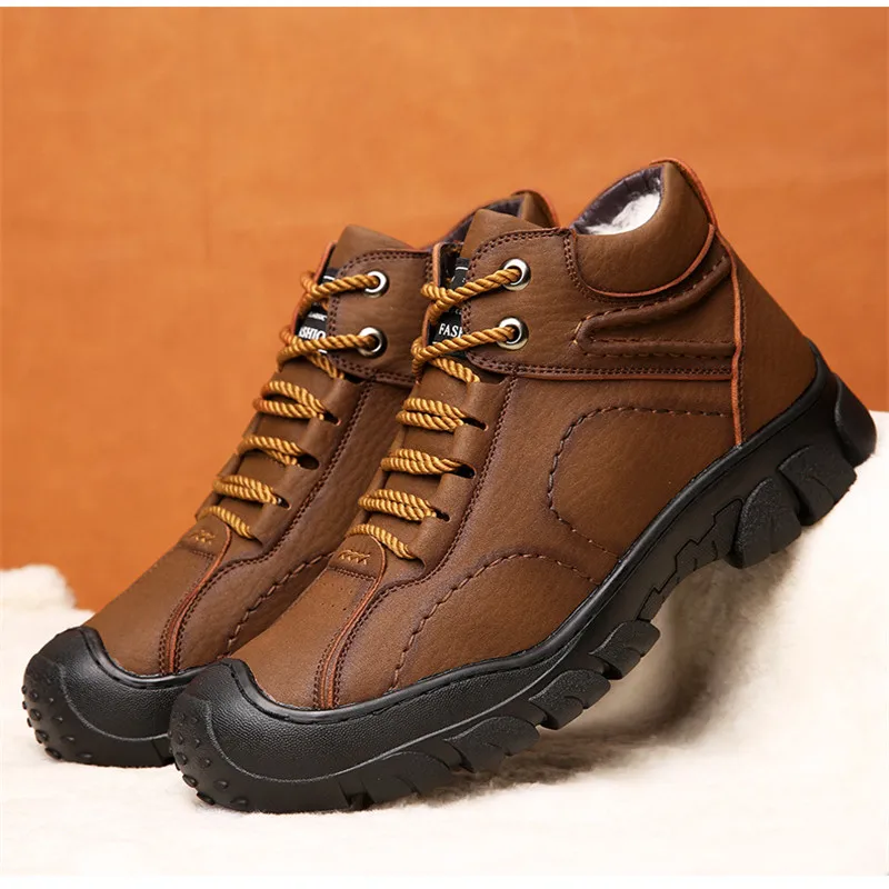 Большие размеры 38-46, натуральная шерсть зимние ботинки мужские теплые ботинки зимние водонепроницаемые ботинки мужская обувь уличные Нескользящие коричневые кожаные ботинки