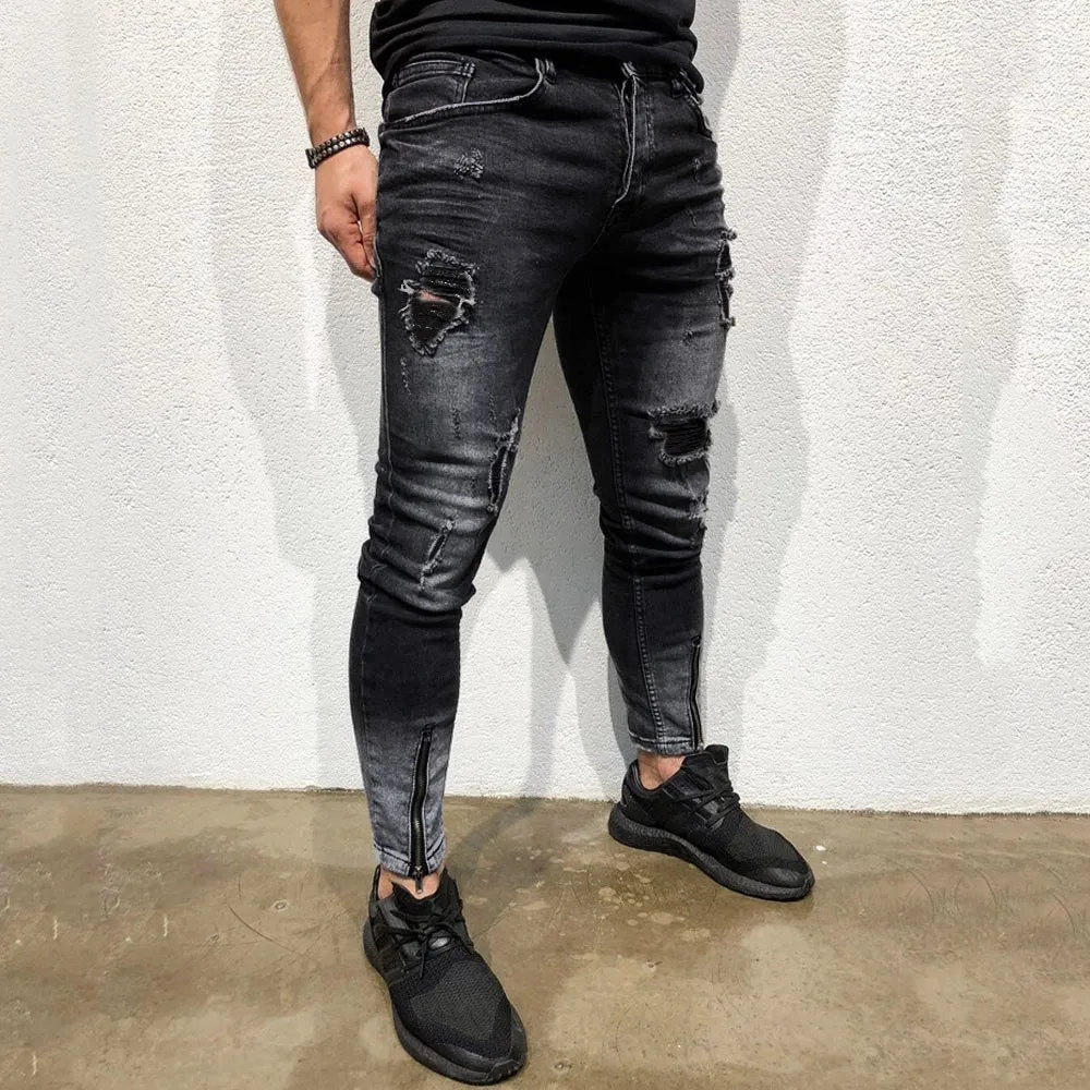 New Men Skinny Stretch Denim Pants Distressed Ripped Freyed Slim Fit Jeans Trousers High Quality Daily Comfy Jeans Штаны Мужские 2