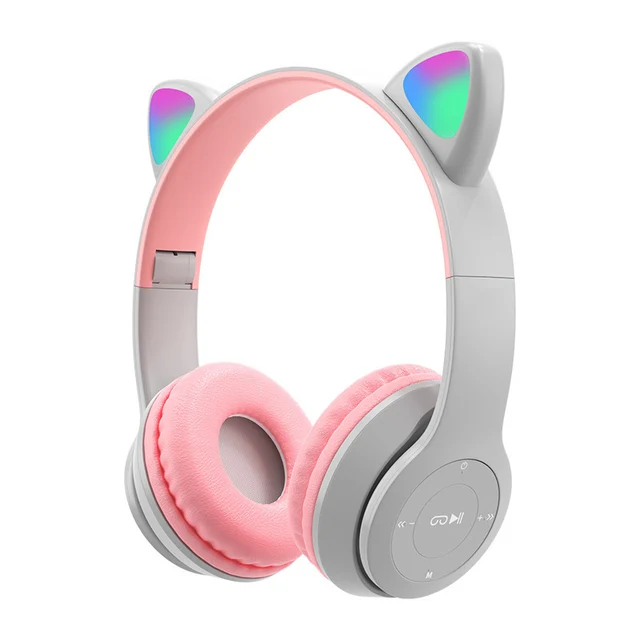 Pink Girl Wireless Headphones RGB Cute Cat Ears Headset With Microphone Noise Cancelling Kid Stereo Music casco Children's Gifts Gray