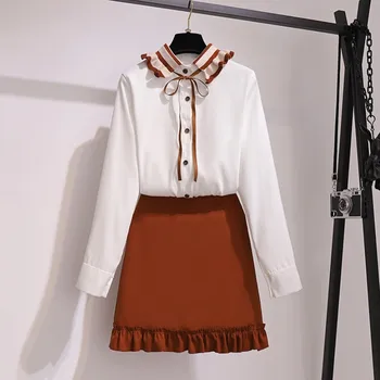 

Women Korean Style Elegant 2 Pieces Suits Turn-down Collar Hit color chiffon Shirts+Ruffles Mini Skirts OL Work Set