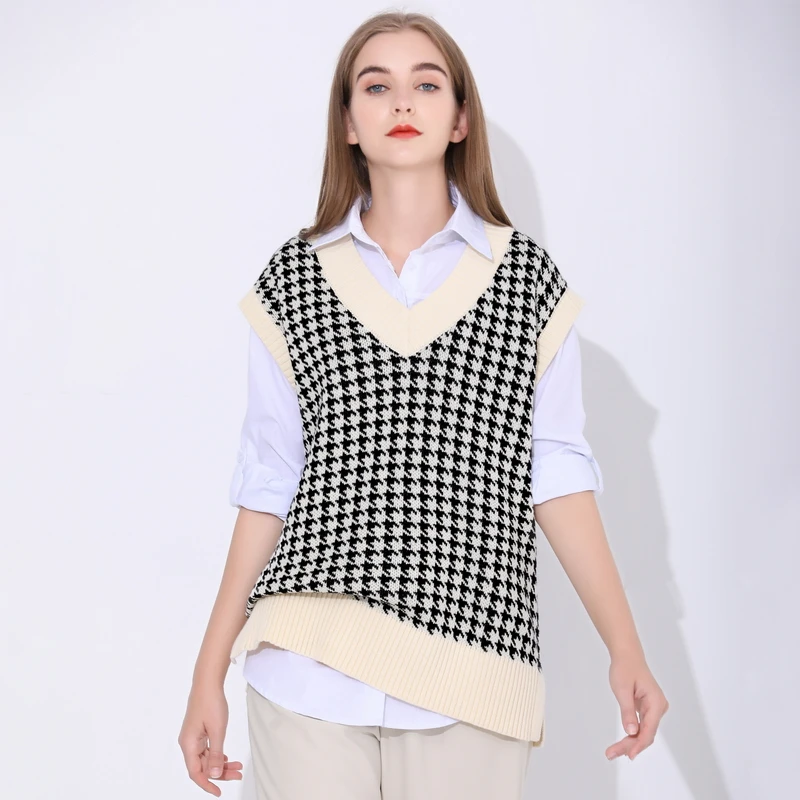 

Vest Sweater Women Waistcoat Female Oversize Knitted Sweater Vest Houndstooth Coat V Neck Sleeveless Side Vents Loose Chic Tops
