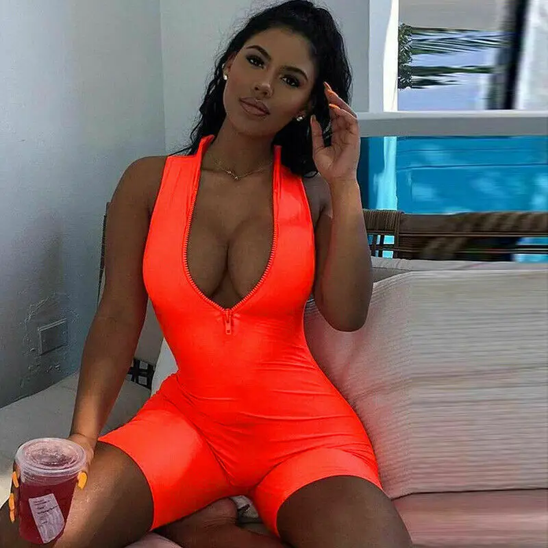 

Women Playsuits 2020 Zipper V-neck Clothes Ladies Playsuit Summer Fashion Solid Color Short Jumpsuits