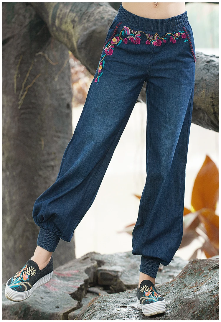 Мода женские расклешённые джинсовые брюки винтажные цветочные с вышивкой и эластичным поясом брюки женские повседневные свободные брюки Y83
