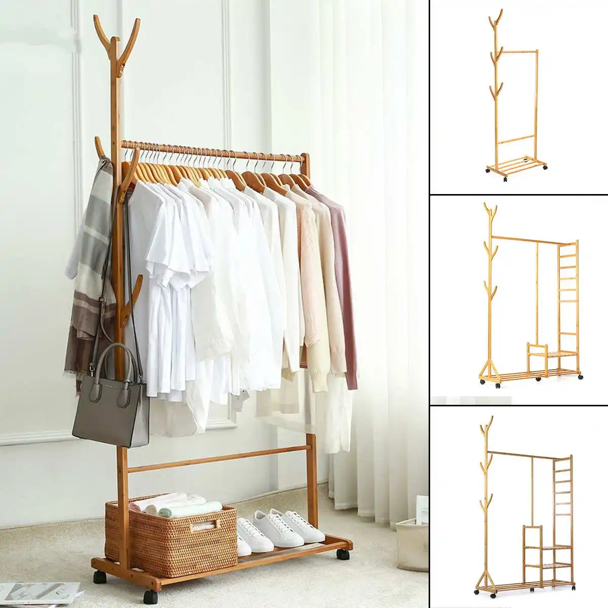

Bamboo Clothes Rack Hanging Rack Pulley Drying Rack Indoor Floor-Standing Clothes Hanger Bedroom Balcony Clothing Drying Shelf