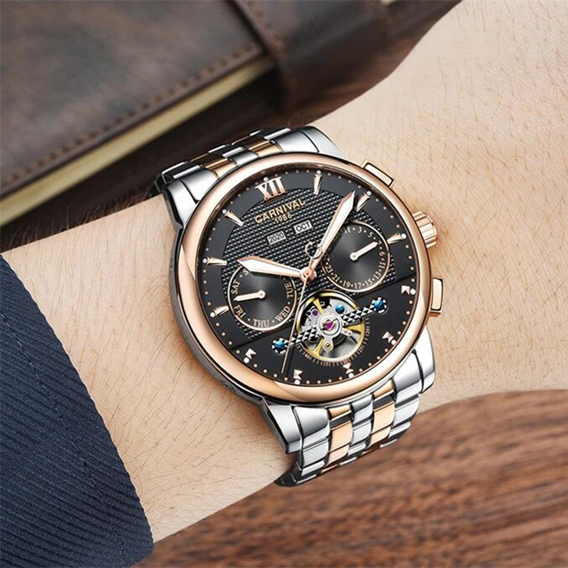 CARNIVAL Automatic Mechanical Watches Sports Men Full Steel Luxury Watch with Perpetual Calendar Clock Luminous Reloj Hombre