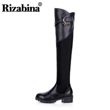 

RizaBina Women Flats Boots Genuine Leather Women Winter Shoes Metal Buckle Fur Over The Knee Boots Fashion Shoes Size 34-39