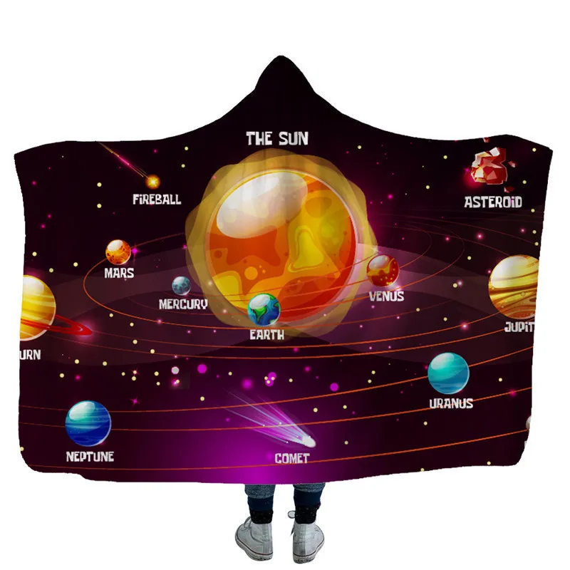 New Arrival Space 3D Printed Fleece Hooded Blanket Winter Warm Coral Fleece Blankets for Kids Adult
