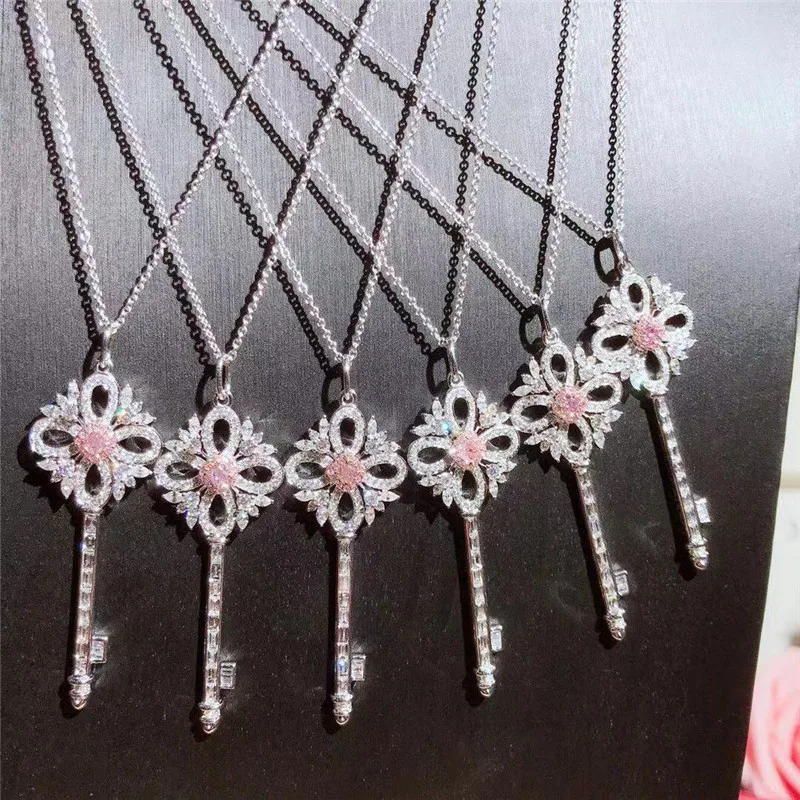 18K золото розовый бриллиант ожерелье и кулон ключ стиль для женщин