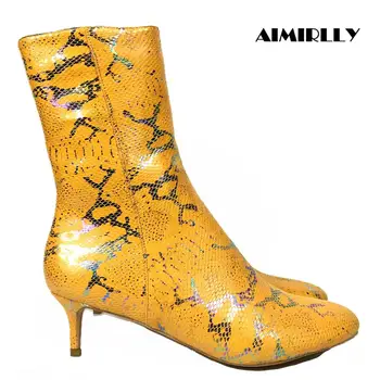 

Shoes Women Ankle Boots Round Toe Mid-Heels Ladies Fashion Winter Autumn Booties Female shoes Full Zipper Yellow Aimirlly