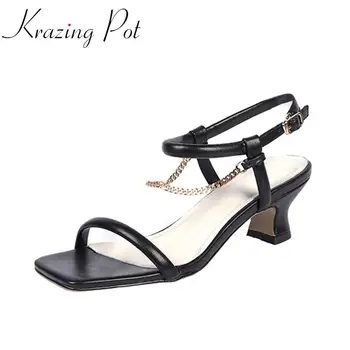 

Krazing pot 2020 genuine leather peep square toe high heels shoes women metal chain decorations buckle straps summer sandals L88