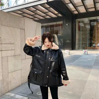 

Faux Leather Thick Winter Warm Jacket Long Fur Collar Patchwork Coat Sashes Lim Waist Women Pu Leather Jackets
