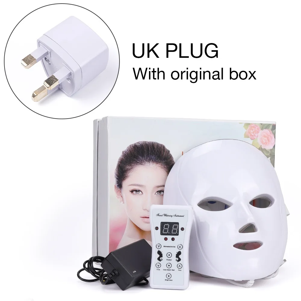 Горячая Распродажа, светодиодный маска для лица, для удаления морщин и акне, для лица, для красоты, спа-терапии, фотонный светильник, инструмент для омоложения кожи, 7 цветов - Цвет: UK  plug with box