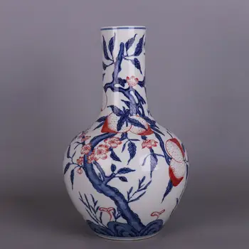 

13.4" Chinese Ceramics Porcelain Blue-and-white Red Nine Peach Bottle Vase