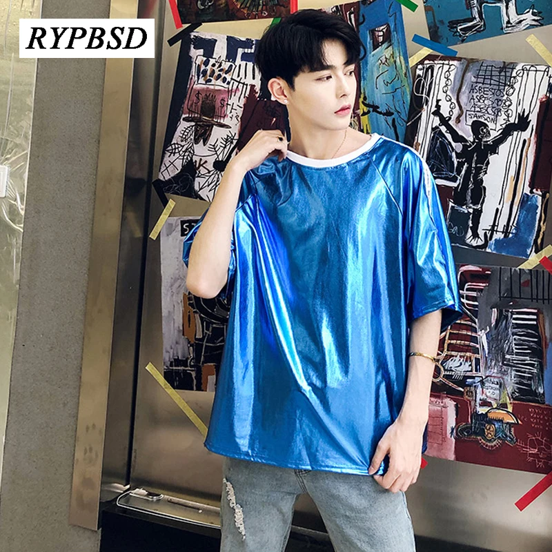 

Men Streetwear Reflective T shirt 2020 Summer Fashion PU Luxury Shiny Loose Nightclub Singer Costume Harajuku Hip Hop Tee shirt