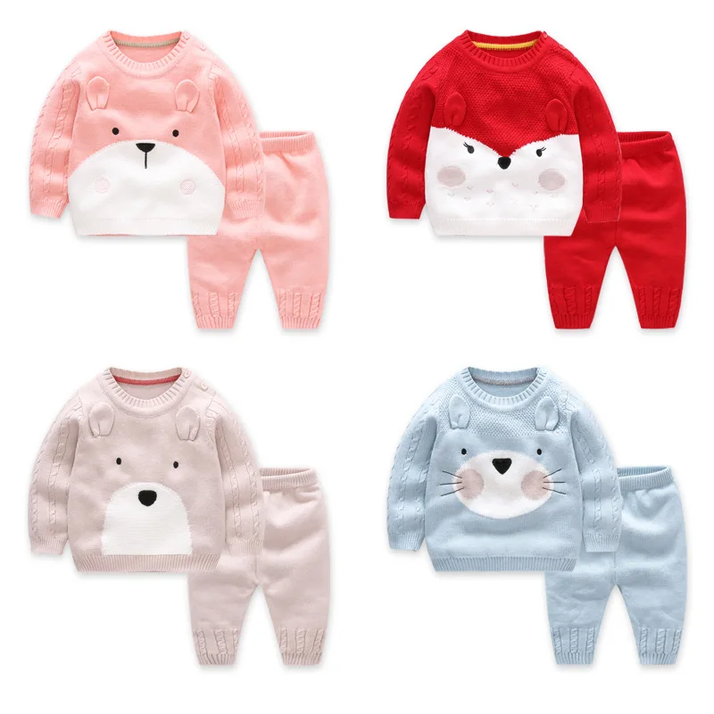 Baratos 2 unids Baby Boy Set de Punto de Lana Suéter de Algodón Niñas niños Conjuntos Ropa Infantil Caliente Del Jersey Traje de Pantalones Recién Nacidos Toddler conjuntos