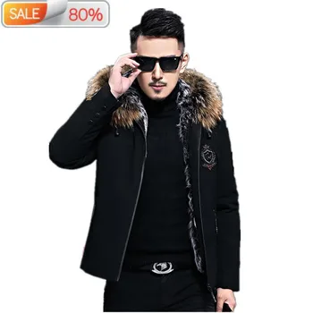 

Winter Jacket Natural Wool Coat Clothes Real Raccoon Fur Collar Warm Parka Men Short Overcoat LJ1AF027 ND7A4