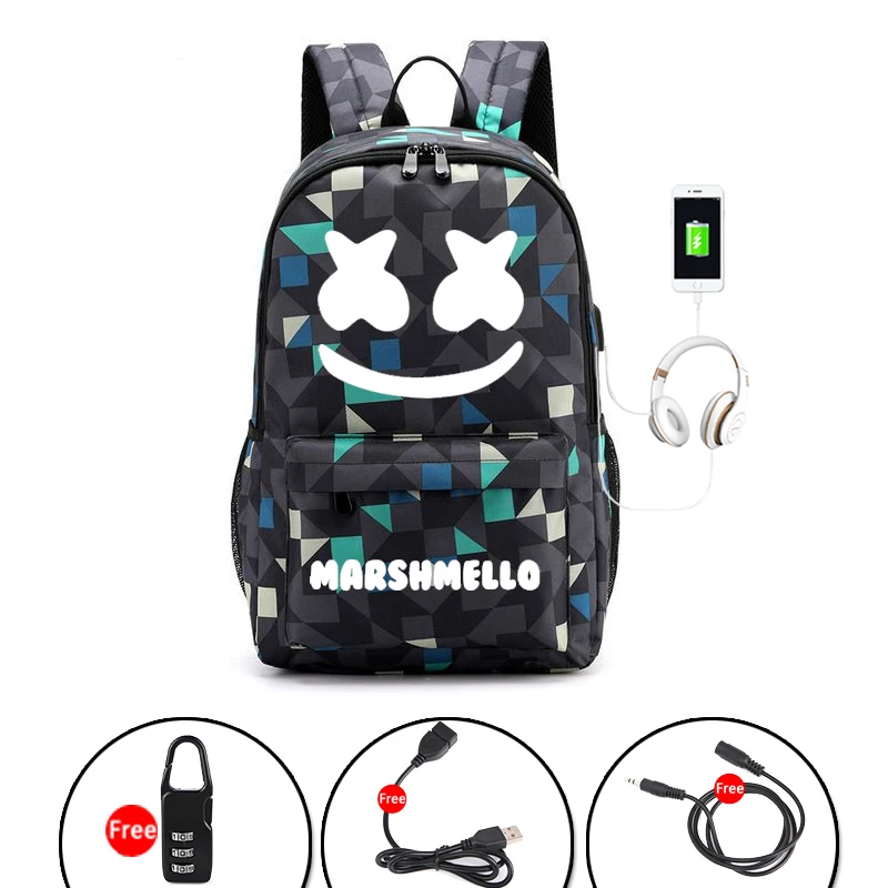 Зеленый Брезентовый светящийся DJ Marshmallow студенческий для подростка студенческий рюкзак USB зарядка ноутбук противоугонные школьные сумки - Цвет: Зеленый