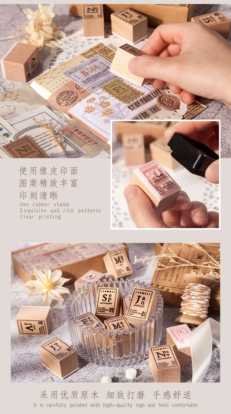 12Pcs/Set Vintage Month Schedule Decoration Stamp Wooden Rubber Stamps For Scrapbooking Stationery DIY Craft Standard Stamp