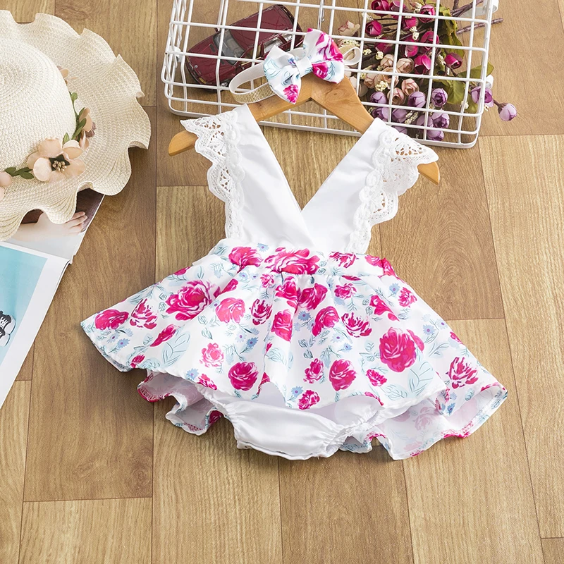 Infant Baby Girls Floral Clothes Set Summer Lace Rose Print Jumpsuit+Headband Backless Sunsuit Cute Newborn Ruffle Romper |
