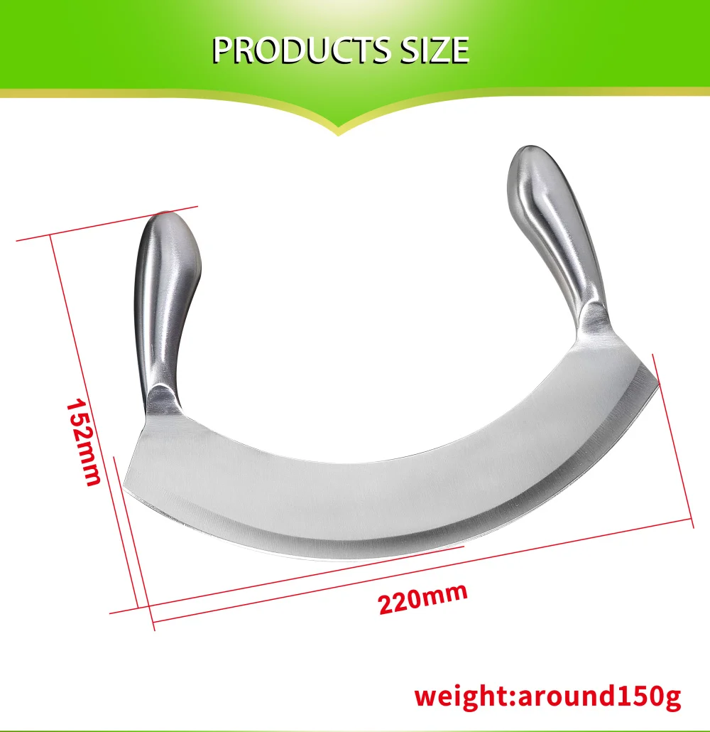 8.5 Inch Stainless Steel Mezzaluna Knife   Pizza Cutter Fruit Vegetable Salad Chopper Dicer With Curved Blade Kitchen Herb Mincer Slicer Cutters