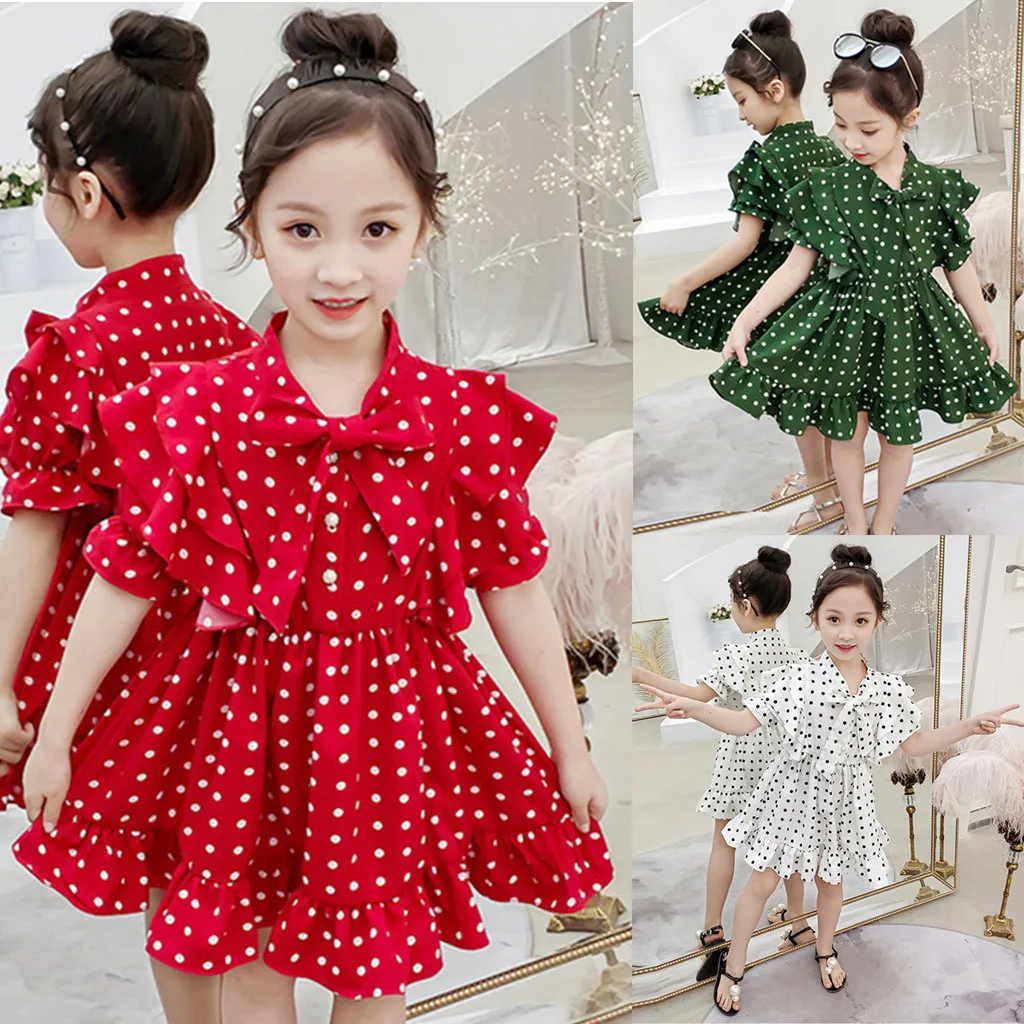 

2019 Toddler Kids Baby Girls Short Sleeve Dot Printing Bowknot Party Princess Dress