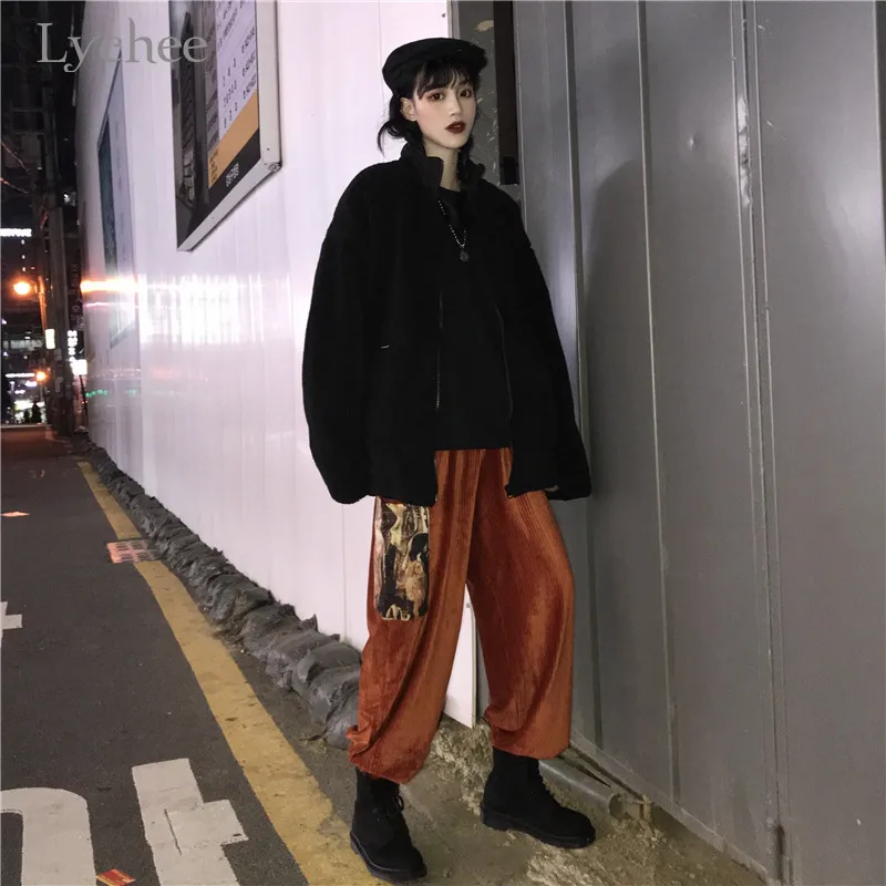 Lychee, Harajuku, однотонные Вельветовые женские штаны, высокая талия, свободные, широкие, женские брюки, винтажные, весна, осень, зима, женские штаны